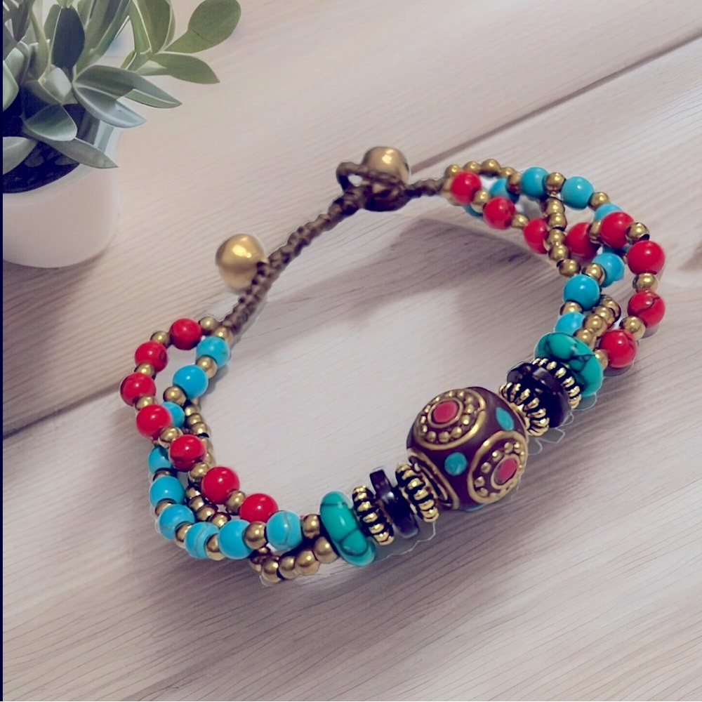 TURQUOISE RED COPPER BEADED ADJUSTABLE BRACELET